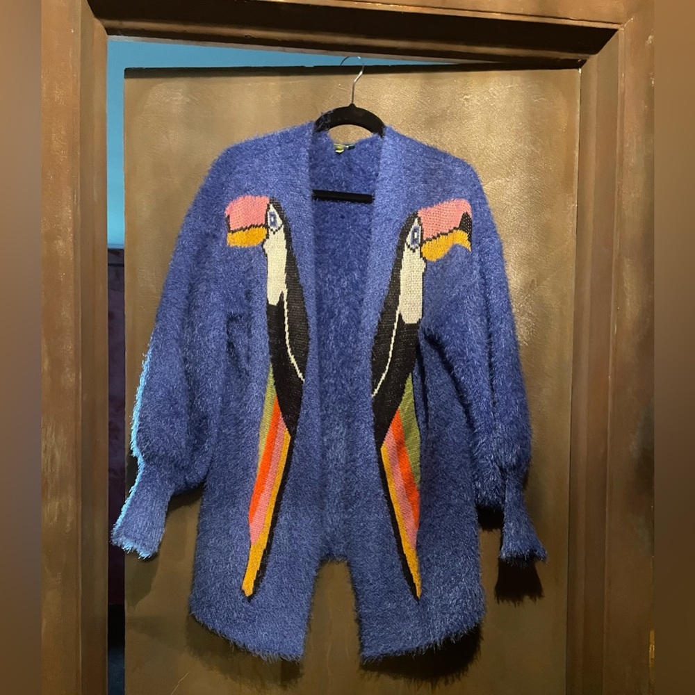 FARM Rio Blue Fuzzy Oversized Toucan Cardigan